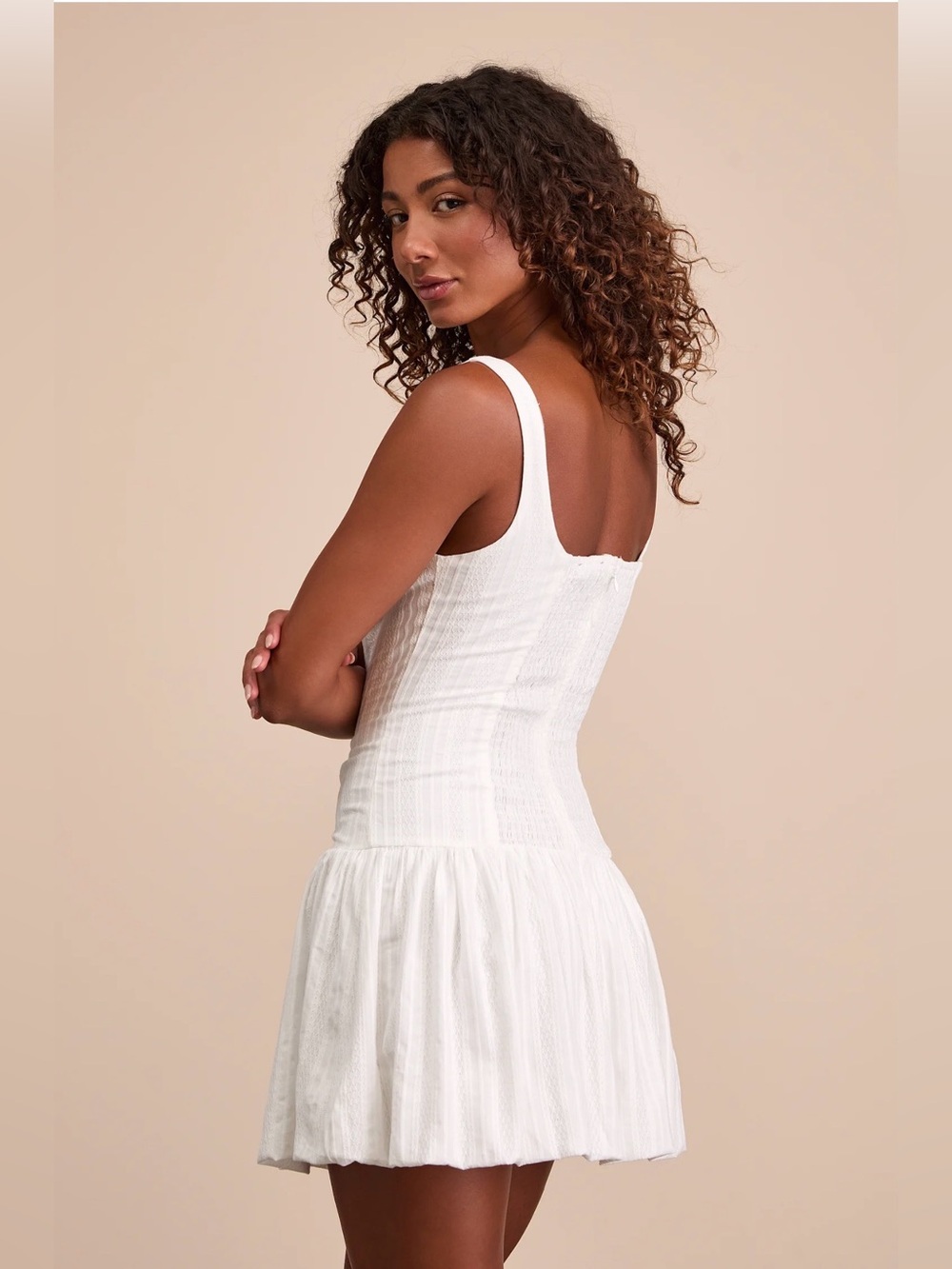 NWT Lulus Khamari White Textured Drop Waist Bubble-hem Mini Dress - M - Picture 13 of 13